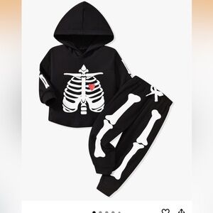 Kids Skeleton Hoodie & Jogger Costume Set - Black with White Bones and Red Heart